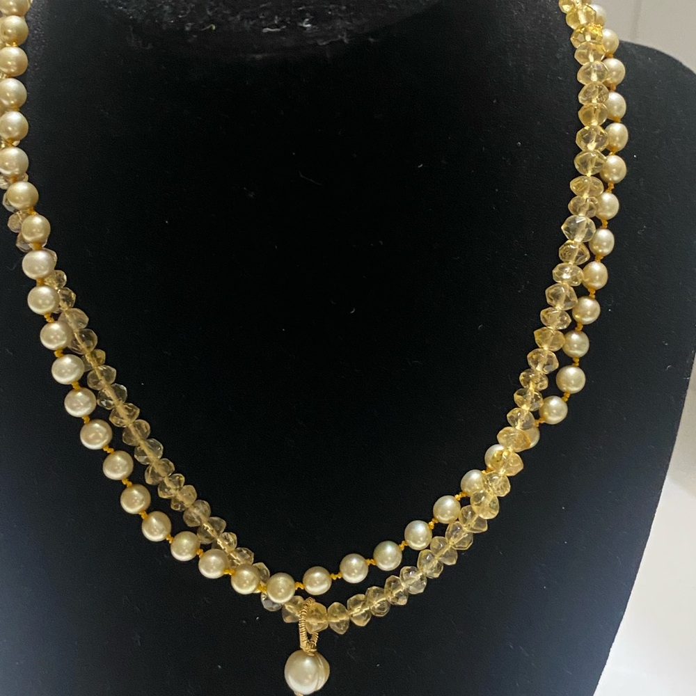Gold Tone Freshwater  Pearl Double Strand Necklace with Pearl Drop